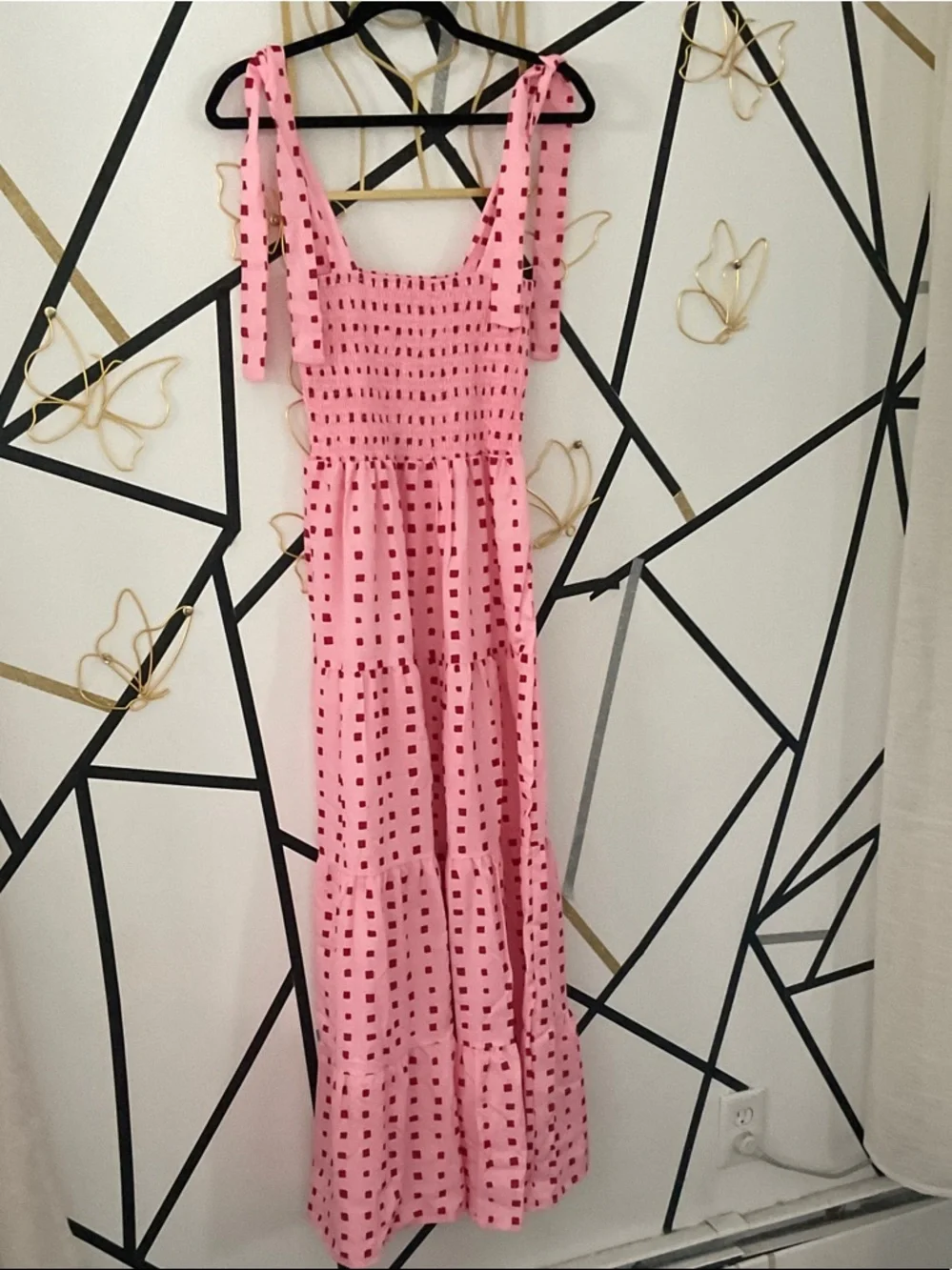 Pink Square-Print Maxi Dress with Tie Straps - Picture 1 of 2
